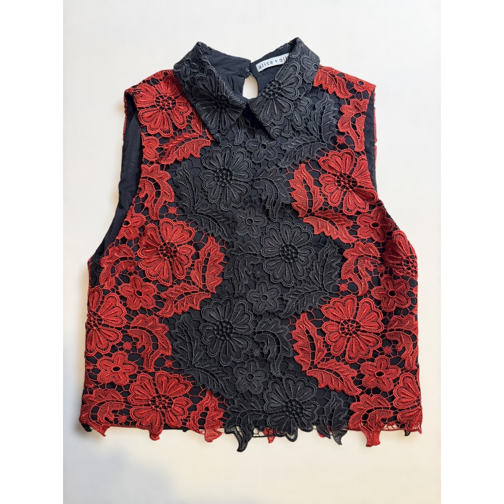 Alice + Olivia Black and Red Floral Lace Sleeveless Top